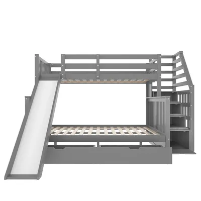Produktbild von Flieks Etagenbett 90x200cm, Kinderbett mit Rutsche, Hochbett mit Treppe, Jugendbett mit Lattenrost und 2 Schubladen, Massivholzbett Stockbett, Grau