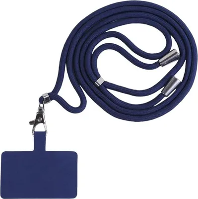 A dark blue lanyard with a phone holder attached, laid out on a white background.