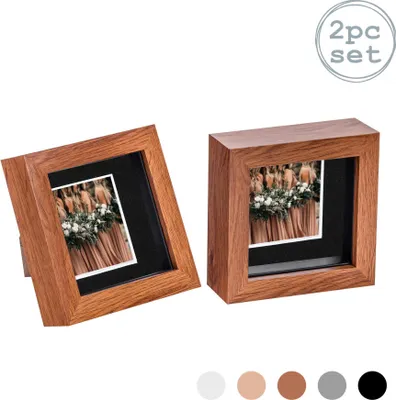 Produktbild von Nicola Spring 2 Stück 4 x 4 3D Shadow Box Photo Frame Set - Craft Anzeigen Bilderrahmen mit 2 x 2 Montieren - Glas Aperture - Dark Wood / Schwarz
