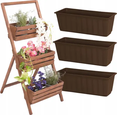 A wooden tiered planter with flowers and plants, next to three brown plastic planters.