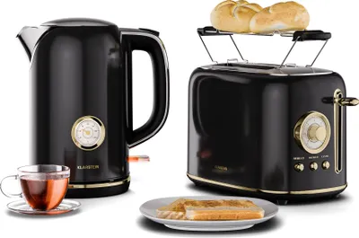 Image de Klarstein Set Petit-Déjeuner Victoria Essential - Grille-Pain 2 Fentes 7 Niveaux, Support à Petits Pains, Plateau Ramasse-Miettes, Bouilloire Électrique 1,7L Filtre Anti-Calcaire, Arrêt Auto, Noir