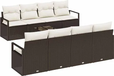 Image de Ensemble de canapés de jardin vidaXL, 9 pièces, couleur marron et crème, en polyrotin, capacité de 8 personnes