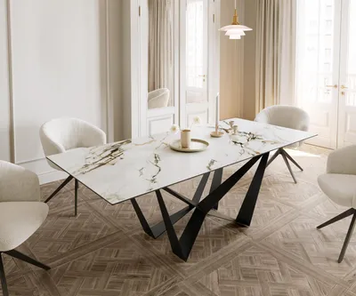 Produktbild von DELIFE Esstisch Edge 180-220x100 Keramik Calacatta Luxe Weiß-Gold-Grau Spider Flachstahl Schwarz ausziehbar