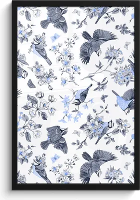 Produktbild von MuchoWow® MuchoWow® Gerahmtes Poster Blumen - Vogel - Blau 40x60 cm - Poster mit zchwarzem Bilderrahmen - Papierdruck - Wandbilder