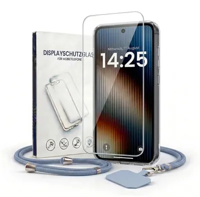 Produktbild von Handyhülle für Samsung Galaxy A57 5G mit Handykette und 9H Displayglas Displayschutz Band in Lavendelblau Blau Kordel Hülle Case Schutzhülle Transparent