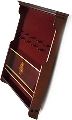 A wooden wand holder with multiple slots for wands, decorated with gold accents.