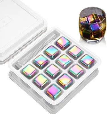Produktbild von 12 Stück 2.5cm farbige Edelstahl Eiswürfel - Wiederverwendbare Whisky-Steine, sicher & geruchlos, glatt & leicht zu reinigen, rostfrei für Whisky/Cocktails/Getränke aller Art, ideal für Partys & Bars