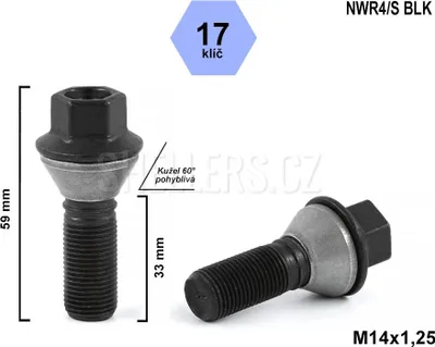 Obrázok produktu pre Skrutka kolesa M14x1,25x33, kužeľová, pohyblivá, čierna, kľúč 17, C17F33-MW-BLACK, výška 59 mm