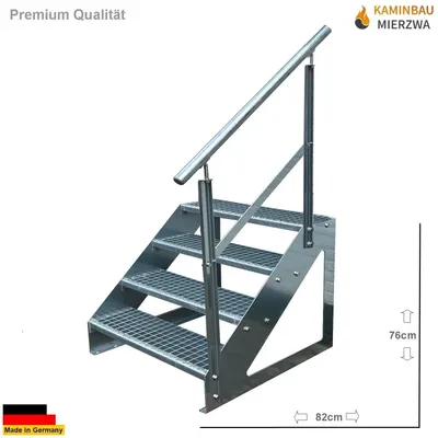 A galvanized steel staircase with a handrail, shown against a white background with dimensions indicated.
