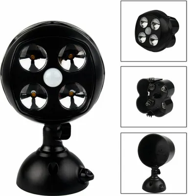 A black LED floodlight with a motion sensor is shown from multiple angles.