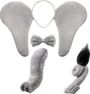 Produktbild von Elefantenkostüm-Set, grau, mit Ohren, Nase, Schwanz und Schleife, für Kinderkleidung