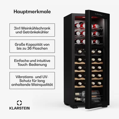 Produktbild von Klarstein Bovella 36 Duo+ Weinkühlschrank – 36 Flaschen, 2 Zonen, 5–18°C, Touch-Bedienung, LED-Beleuchtung, UV-Schutz, freistehend, Weinklimaschrank