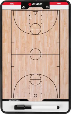 A basketball coach's whiteboard with a court diagram and a marker attached.