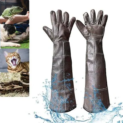 Obrázek produktu pro 60cm Voděodolné rukavice pro péči o zvířata – zesílená kůže, ochrana proti kousání, vhodné pro koupání, úpravu srsti a manipulaci s kočkami, psy a plazy
