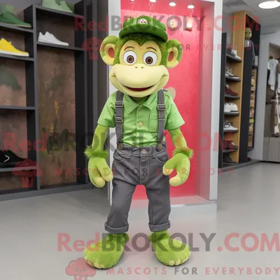 Produktbild von Limettengrüner REDBROKOLY Affe Maskottchen Kostüm Charakter gekleidet mit einer Jeans und Schnürsenkeln