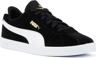 A studio shot of a black Puma Club III sneaker with white accents and gold branding.