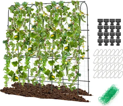 Produktbild von COSTWAY Gurke Rankhilfe Set, Rankgitter einstellbare Breite mit Netz, Garten Gurkengitter Metall, Pflanzenstütze, Pflanzenspalier 179x32-65x180cm