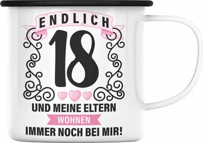 Produktbild von Trendation - 18er Geburtstag Emaille Tasse Geschenk Mädchen Jungen Geschenkidee Lustig Spruch 18 Geschenke Geschenkideen zum 18 Bday 18. (Schwarz)
