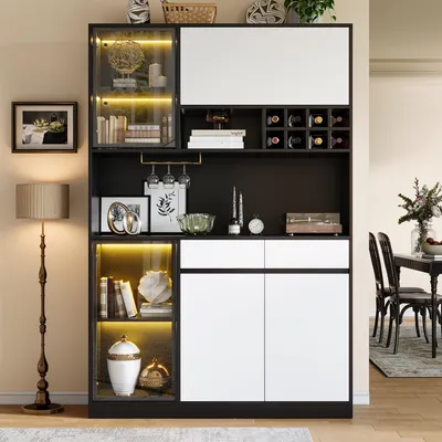 Produktbild von Merax Hochschrank mit LED Beleuchtung, Highboard Vitrine mit Schubladen, Aufbewahrungsschrank mit Glastüren, Weinregal, Schwarz Weiß