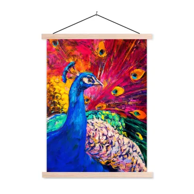 Produktbild von MuchoWow® Textilposter Gemälde - Vogel - Pfau - Ölgemälde 120x160 cm mit holzfarbenen Rahmen - Plakatkarton