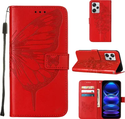 Produktbild von Lederhülle für Xiaomi Redmi Note 12 Pro+ Schmetterling Prägung Flip Ledertasche Kartenfächer Handyhülle mit Ständer Rot
