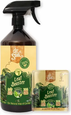 Produktbild von Satz mit Dr.Soil Leaf Booster - Biostimulator mit Aminosäuren für die Regeneration von grünen Blättern in 1L Dose mit Zerstäuber + Nachfüllkonzentrat Monodosen, für den Innen- und Außenbereich