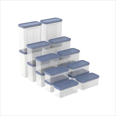 18 Vorratsdosen-Set, stapelbar, spülmaschinengeeignet, transparent/blau