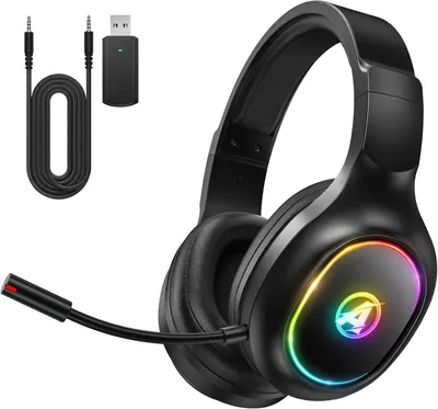 Produktbild von Gaming Headset für PS4, PS5, PC, Mac, Switch, 2,4 GHz Gaming Kopfhörer mit Geräuschunterdrückung und RGB Licht, Bluetooth Kopfhörer mit Kabel 3.5mm