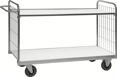 Produktbild von Kongamek Bordwagen verzinkt mit 2 laminierten Böden 1600x600mm vergitterte Stirnwände ohne Bremse