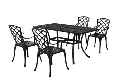 A black metal dining set with a rectangular table and four chairs, displayed on a white background.