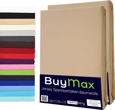Produktbild von Buymax Spannbettlaken 100x200cm Doppelpack 100% Baumwolle Spannbetttuch Bettlaken Jersey, Matratzenhöhe bis 25 cm, Farbe Sand