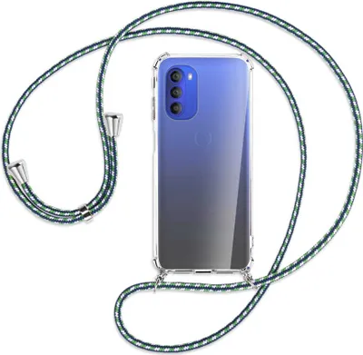 Produktbild von Handykette Backcover-Schutzhülle mit Band (Metall silberfarben) für Motorola Moto G51 5G - grün/blau/weiß
