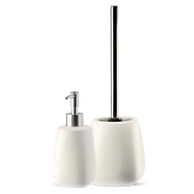 Produktbild von KADAX Badezimmer Set aus Keramik "Palmi", Badzubehör, Badezimmeraufbewahrung, Seifenspender und WC-Bürste, Weiß