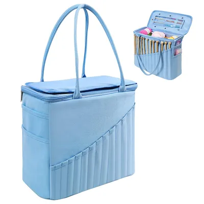 Produktbild von Große Aufbewahrungstasche für Häkel- & Strickzubehör,Häkelbeutel mit Griff für Garnknäuel,16L Handarbeitstasche aus Canvas, Hellblau
