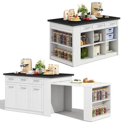 Productafbeelding van Multifunctioneel keukenblok van 150x90 cm met eettafel, wit marmerlook