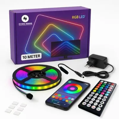 Produktbild von Evura Goods - Led-Streifen - 10 Meter - RGB - mit Fernbedienung & Handy-App - dimmbar - intelligente LED-Beleuchtung - Led-Streifen - Timer und Musik