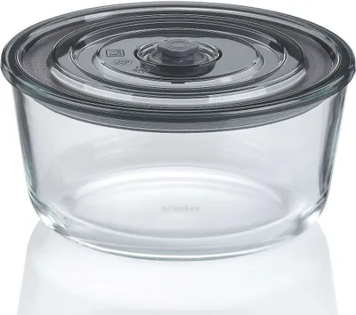 A clear glass food storage container with a gray lid.