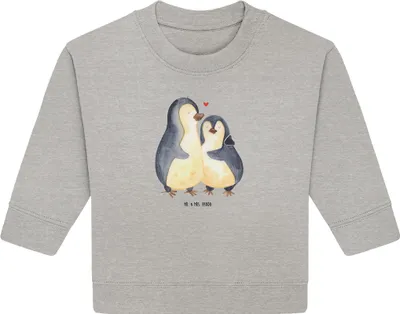 Produktbild von Mr. & Mrs. Panda Organic Baby Pullover Pinguin umarmen 12. - 18. Monat - Heather Grey - Geschenk, Bullover, Hochzeitstag, Verknallt, Liebe, Umarmung Verliebt, Hochzeit