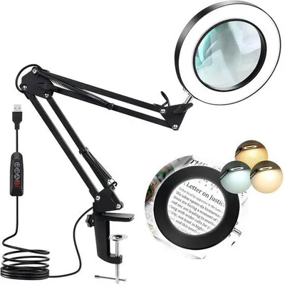 Productafbeelding van Famanu Lupe met licht en standaard - Verstelbare vergrootglas voor hobby en werk, met 3 kleurmodi