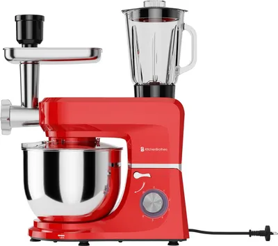 Produktbild von KitchenBrothers Küchenroboter - 6-in-1 Küchenmaschine - 1500W - Mit Fleischwolf, Mixer und 15 Zubehörteilen - 6,2L Edelstahlschüssel - Rot