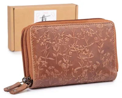 Produktbild von Ekavale Damen Geldbörse Portemonnaie Echt Leder groß Blumenmuster Cognac