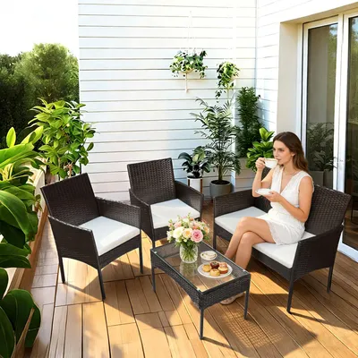 Produktbild von Peviasot Gartenmöbel Set 4-teilig Polyrattan Sitzgruppe mit 2 Sesseln, 2-Sitzer Sofa und Glastisch, Braun