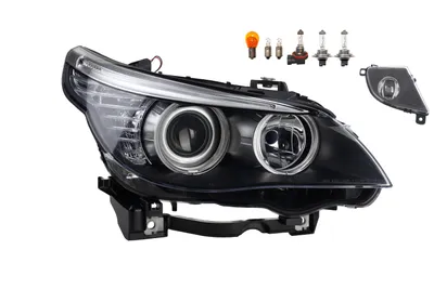 Zdjęcie produktu dla Reflektory pasujące do BMW serii 5 (E60, E61) w wersjach produkowanych od 04/2007 do 03/2010, typ żarówek H7, H7, światła przeciwmgielne i pozycyjne. Numery części: 63127177728, 63177177712, 7177712. Producent: Johns
