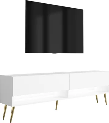 Produktbild von TV-Lowboard 170 cm Mattweiß, goldene schräge Beine, weiße LED, 170 × 32 × 52 cm