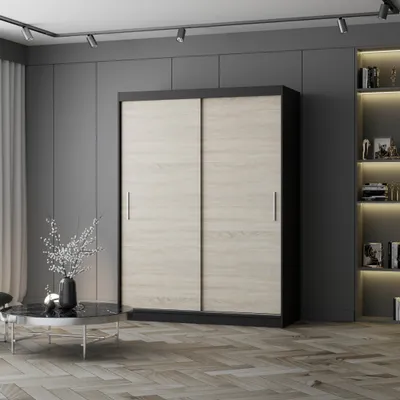 A modern bedroom with a large wardrobe, a coffee table, and a bookshelf.
