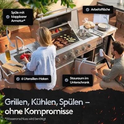 Produktbild von Flammenwerk Outdoor-Küche Edelstahl 6-Brenner 24,1 kW mit Spüle, Kühlschrank & Abdeckhaube