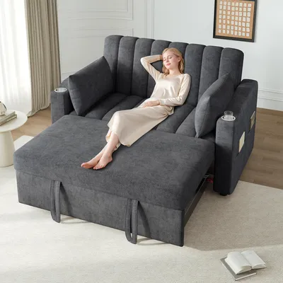 Produktbild von Modernes Multifunktionssofa – Schlafsofa & Schlafcouch mit Schlaffunktion, verstellbarer Rückenlehne, Getränkehalter & Kissen, für Wohnzimmer & Schlafzimmer