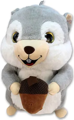 A plush toy squirrel holding an acorn.