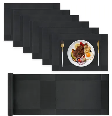 Immagine prodotto di Omgoods - Set di 6 sottopiatti resistenti al calore con tovaglia da tavolo da 180 cm - Nero