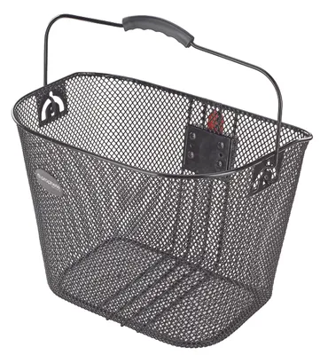 A black bicycle basket with a handle, shown from a diagonal front-facing angle against a white background.
